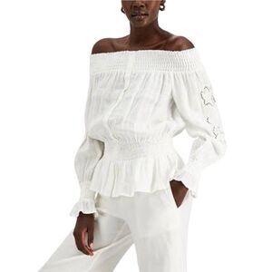 100% Linen Small Off-the-Shoulder White Eyelet Top INC Macy's